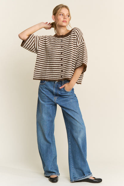 Brown Striped Short Sleeve Cardigan - Oversized