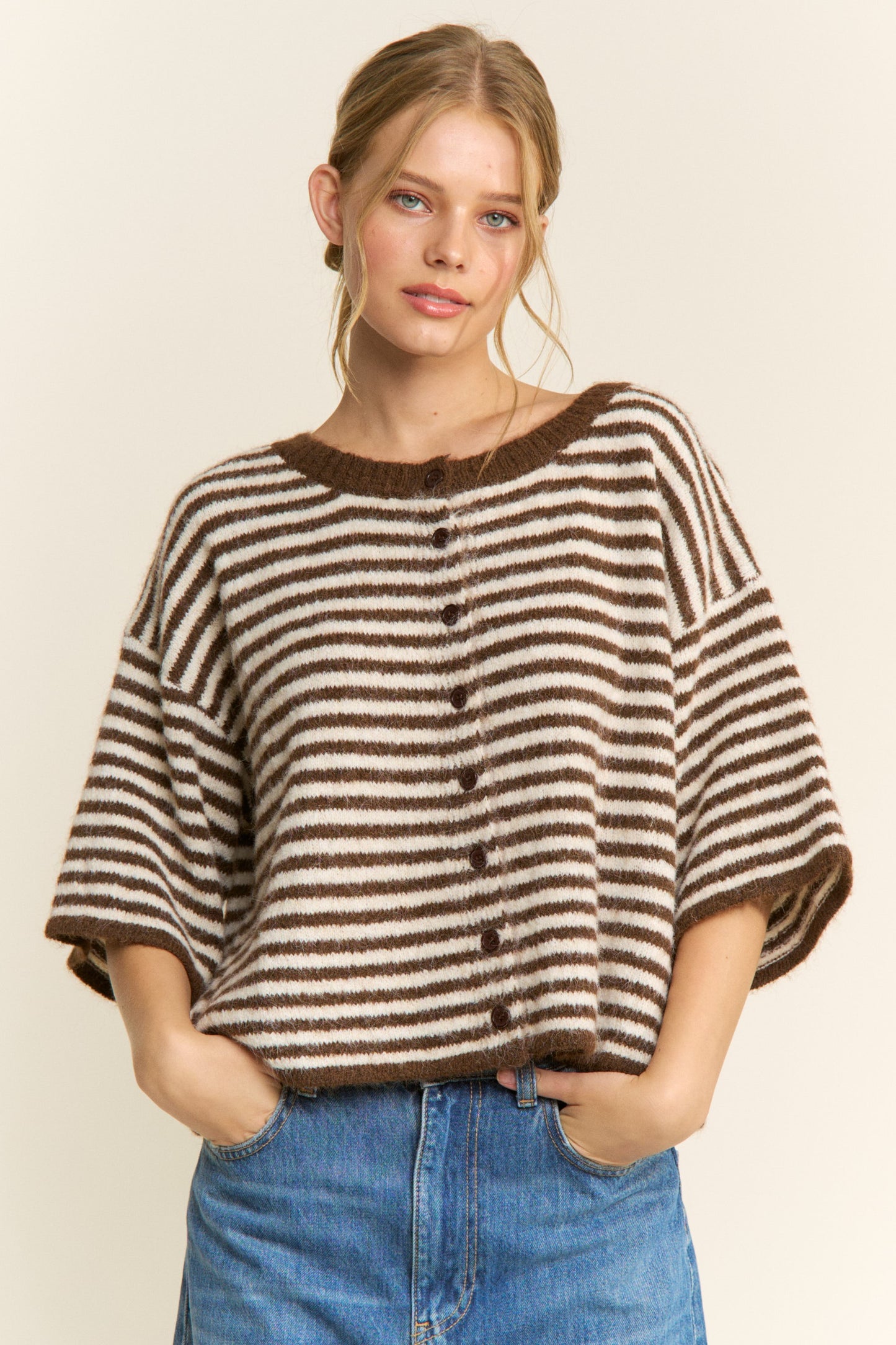 Brown Striped Short Sleeve Cardigan - Oversized