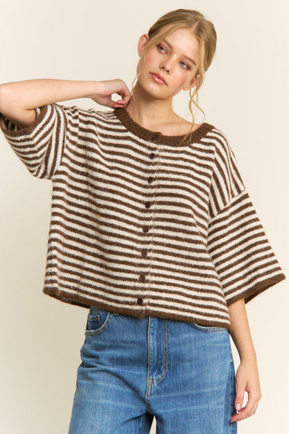 Brown Striped Short Sleeve Cardigan - Oversized