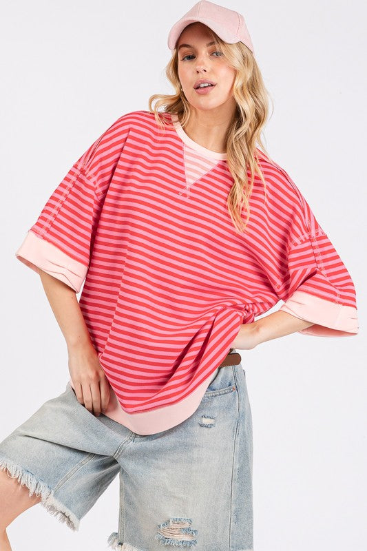 Classic Oversized Striped Tee - Pink