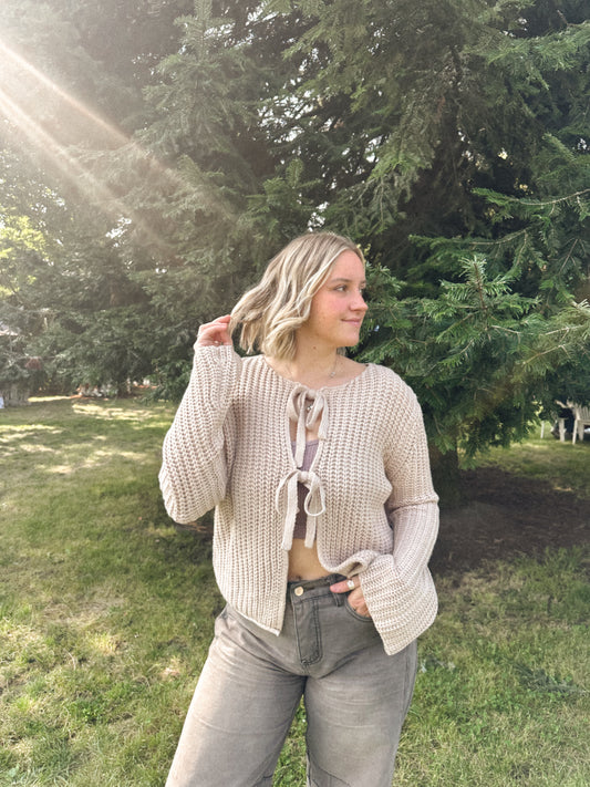 Latte Please Tie Front Sweater